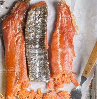 Candy-sweet smoked salmon strips with skin, showcasing a glossy finish and rich flavor ideal for snacking or gourmet platters